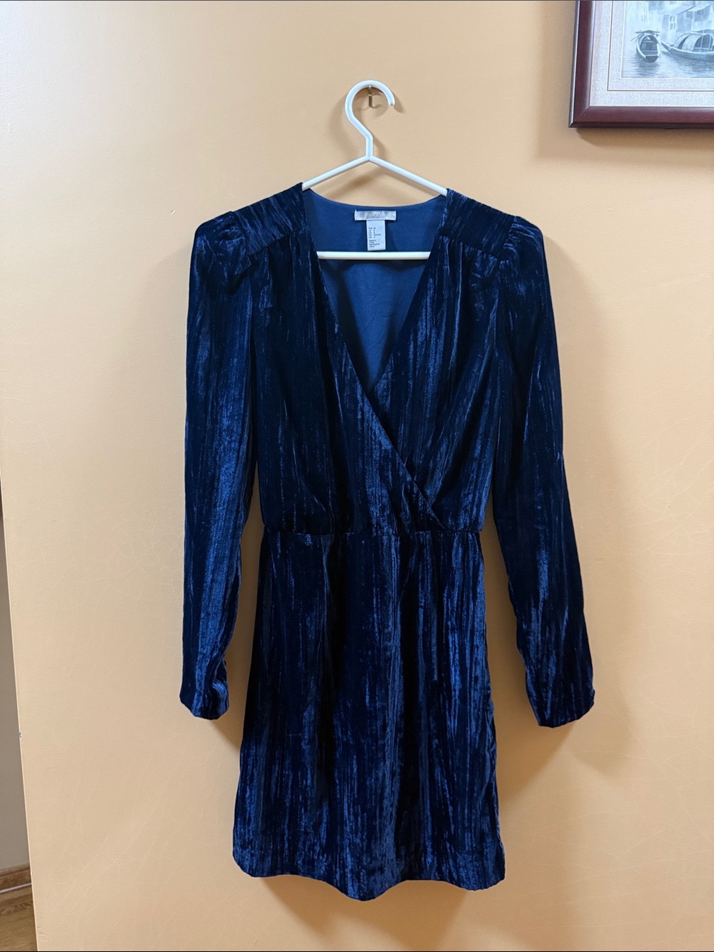 H&M Deep Navy Velvet Long-Sleeve Wrap Dress